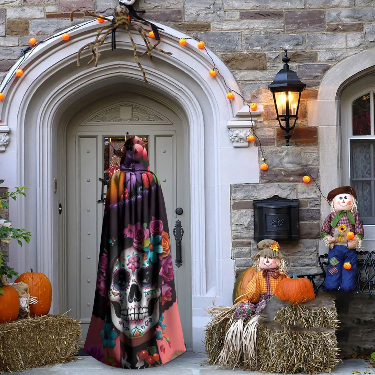 يوم الموتى السكر الجمجمة المكسيكي فتاة طويلة مقنعين عباءة الساحرة القرون الوسطى زي تأثيري كيب HalloweenParty الكبار للجنسين