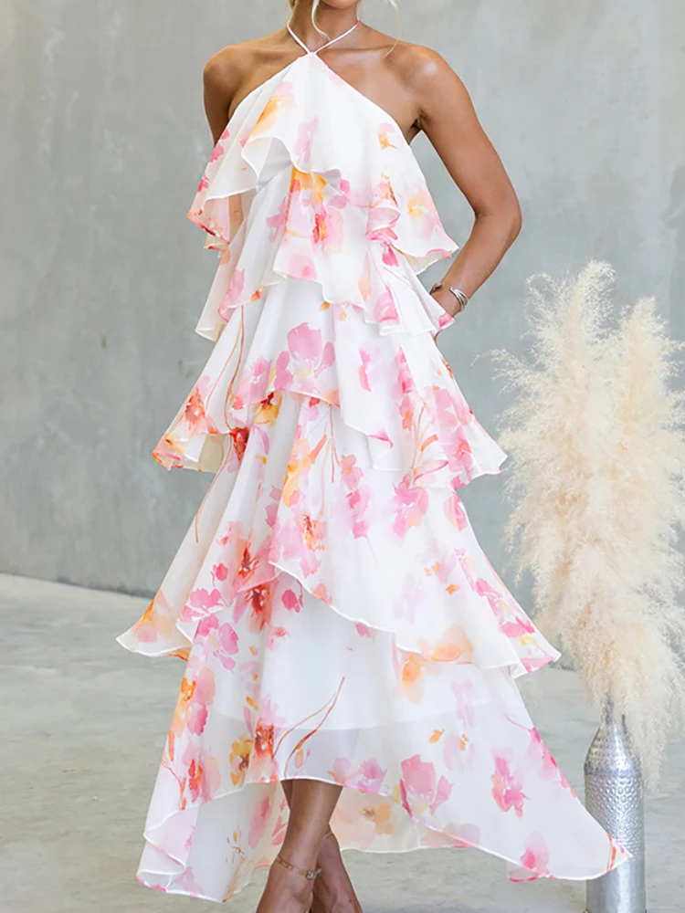 Sexy Halter Lacing Up Backless Party Dress Women Spring Summer Chic Maxi Dress 2026 Retro Patchwork Ladies Casual Dress Vestidos