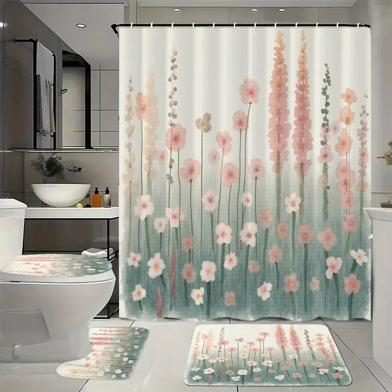 

4 шт., набор для ванной комнаты, занавеска для душа с 12 крючками, напольный коврик, контурный коврик для унитаза и коврик для крышки унитаза, украшение для ванной комнаты, аксессуар для ванной комнаты