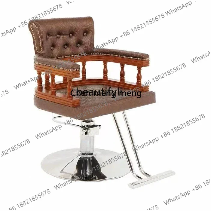 zS173Barber shop chair Hair salon special solid wood retro hair cutting, lifting and rotating hair salon chair