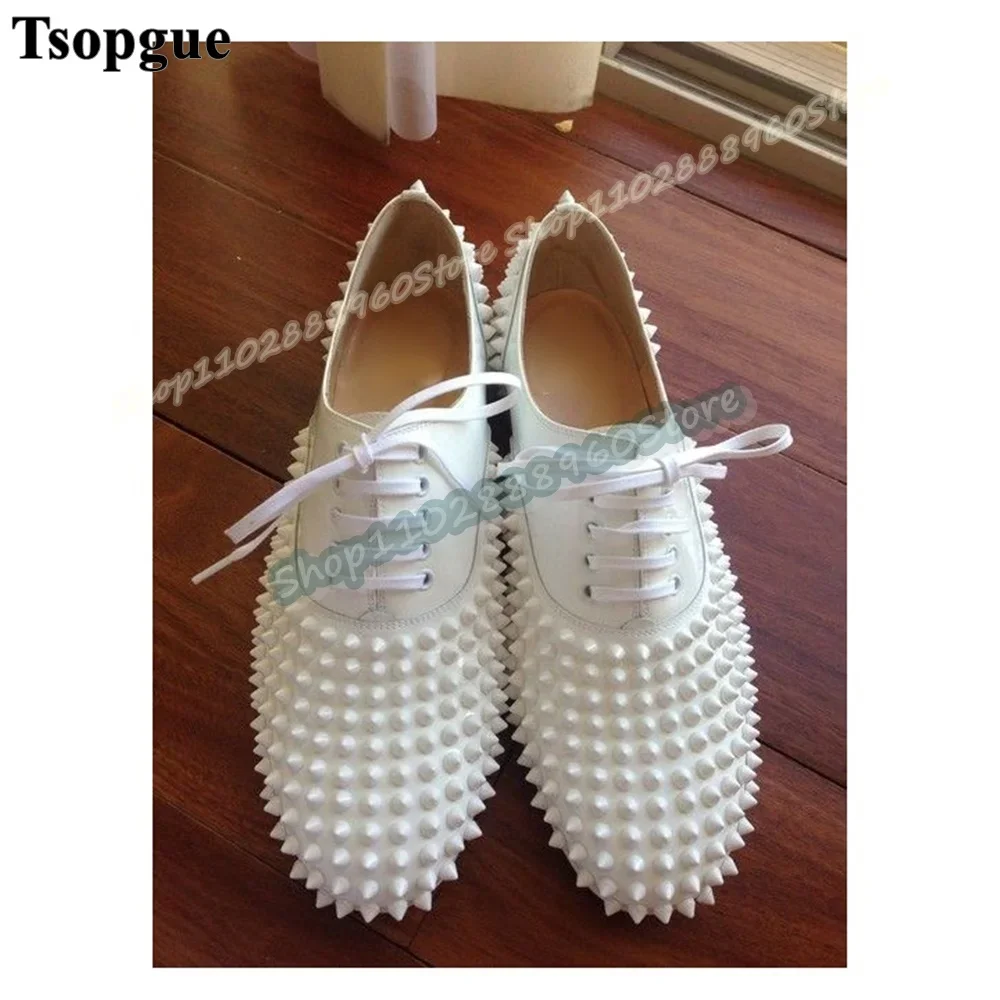 

Trending White Leather Full Rivets Men Pumps Flats Party Shoes For Men Cross Tied Round Toe Stylish Banquet Occidental Pumps