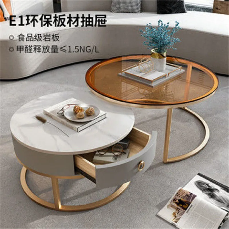 

Nordic style coffee table small apartment household living room modern simple round rock slab tempered glass combination coffee