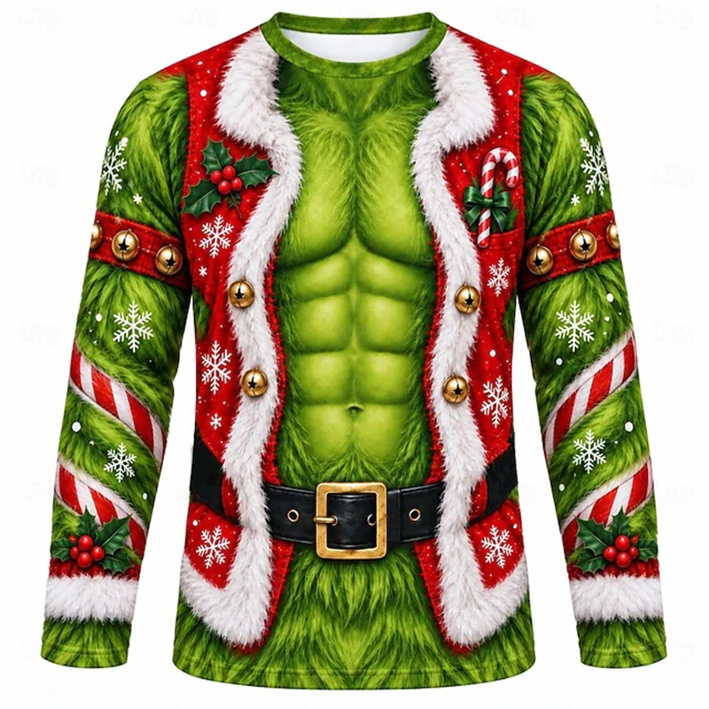 New Men's Novelty Christmas Long-Sleeve T-Shirt 3D Faux Muscle Print Pullover Loose Crew-Neck Fit Festive Party Cosplay Top