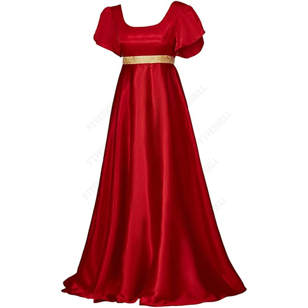 Vintage Red Dress Victorian Style Ball Gown High Waistline Princess Costume Cosplay Dress for Women Tea Party Gown with Sash