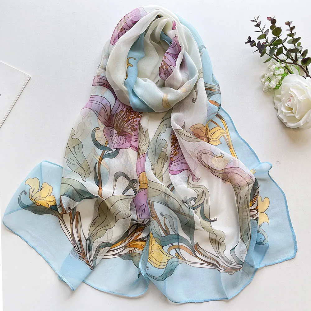 Lily Women Elegant Chiffon Georgette Bandana Scarf Flower Print Summer Travel Sunscreen Thin Hijab Breathable Party