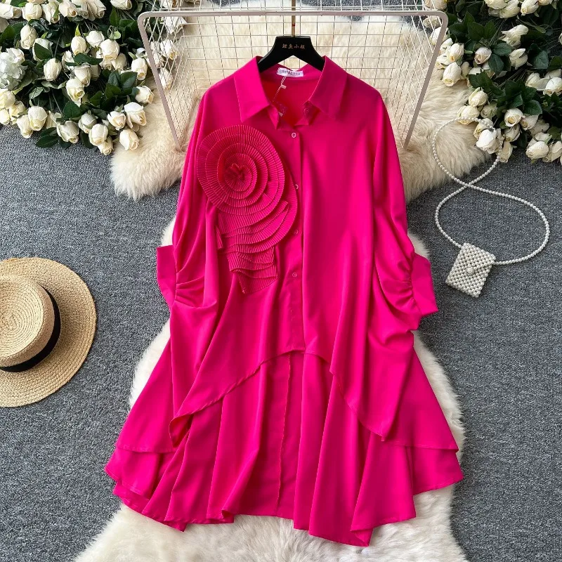 

2025 New Clothes Loose Blouse Chic Turndown Collar Irregular Three-dimensional Flowers Women Batwing Sleeve Tops