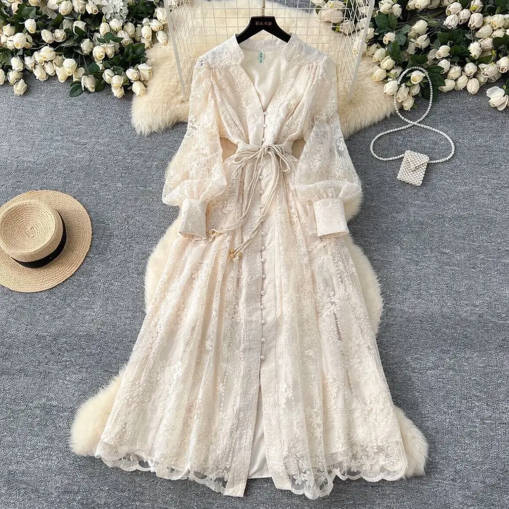 Women Retro Long Dress Embroidery Lantern Sleeve V Neck Slim Fit Button Down Elegant Spring Casual Party Office Gowns