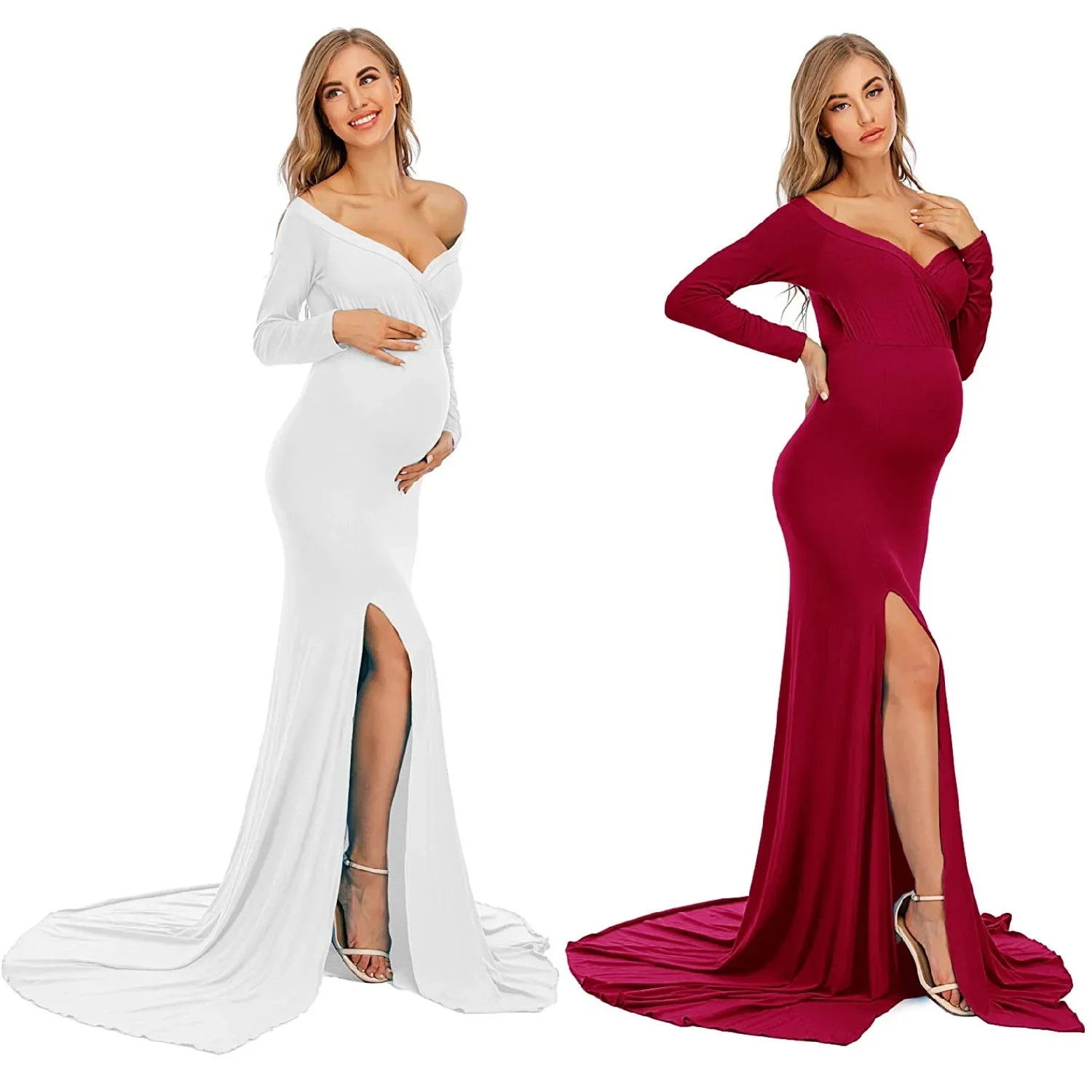 エレガントなフィットマタニティ写真撮影ガウンサイドスプリットオフショルダー長袖マキシ写真撮影ドレス写真撮影ベビーシャワー用