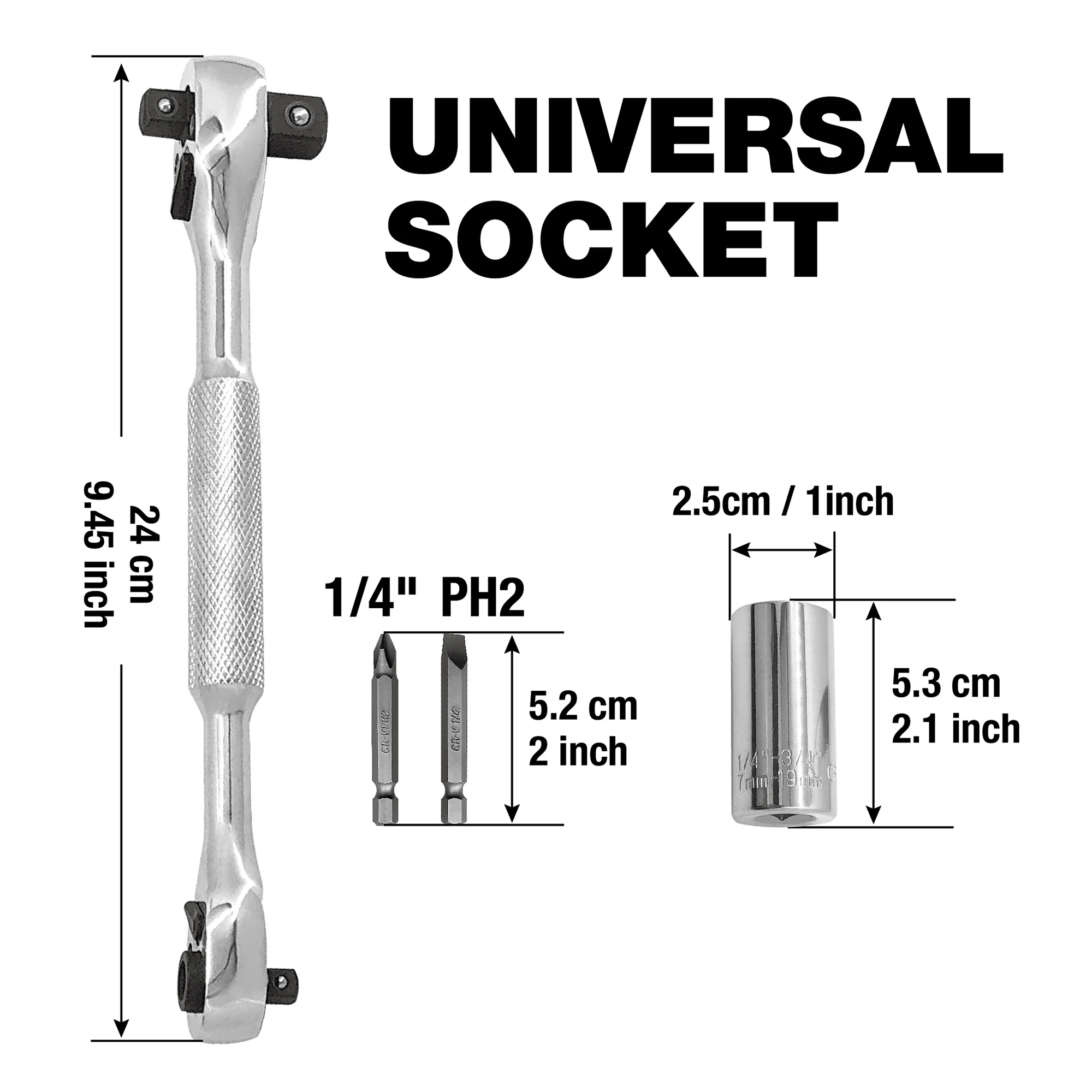 4-in-1 wrench and universal socket set, driver ratchet handle with universal socket and screwdriver drill bit