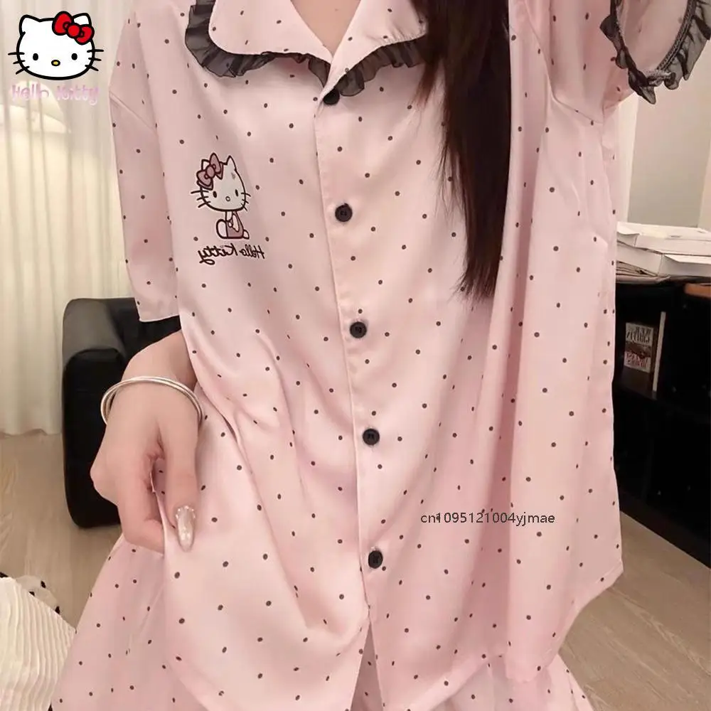 

Sanrio Hello Kitty пижамный комплект аниме летняя мультяшная мягкая удобная домашняя одежда женские шорты с короткими рукавами милая модная одежда для девочек с лацканами