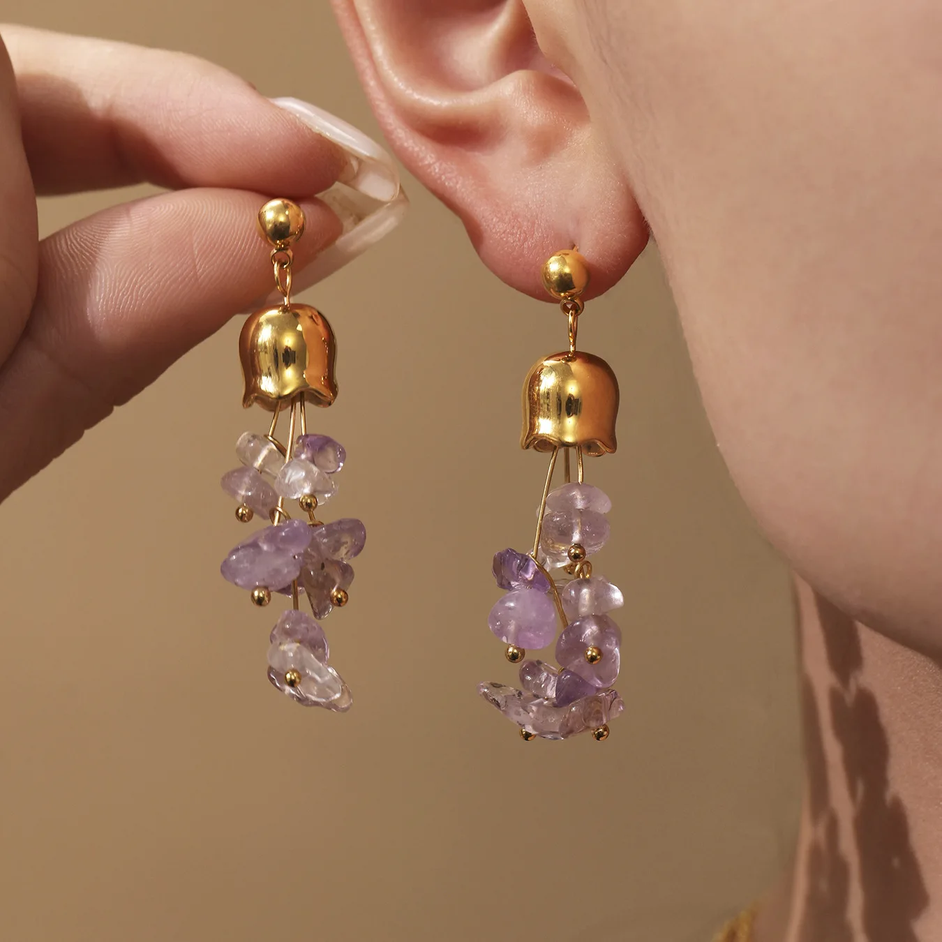 Ins 18K Gold PVD Plated Stainless Steel Natural Stone Tassel Earring for Women Jewelry Gift Waterproof
