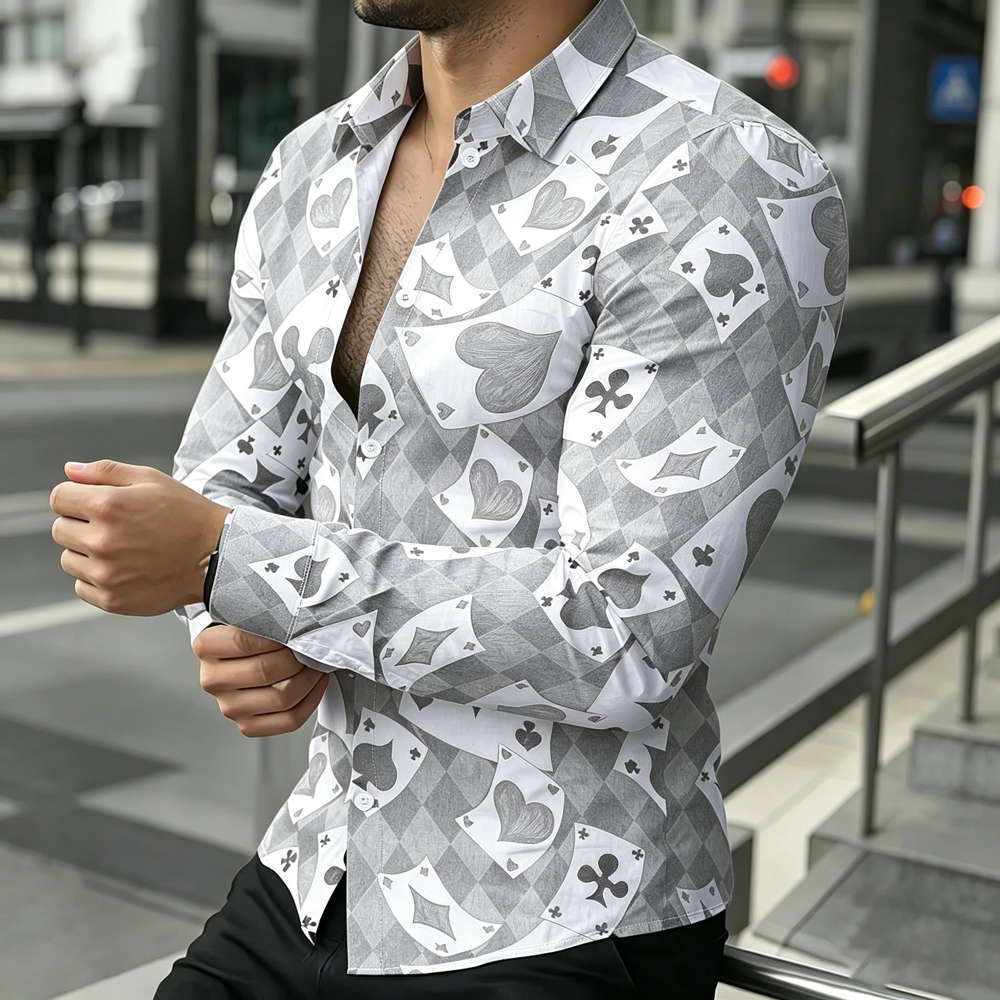 Men's Red and Black Diamond Pattern Playing Card Long-Sleeve Shirt, Card Print Party Collared Shirt
