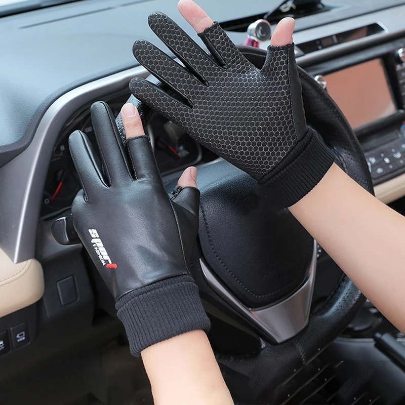 

Men's Gloves Cycling Winter Two Half Fingers Velvet Warm Non-Slip Male Waterproof Sports Touchscreen Hiking Fishing Gloves