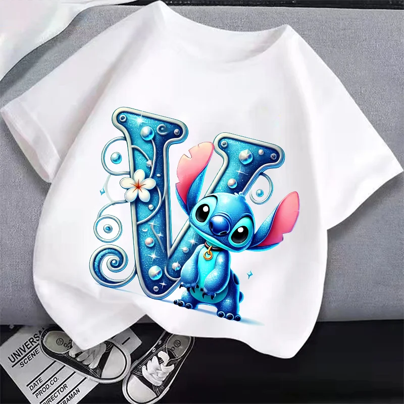 

Lilo Stitch New T-shirt for Child A-Z Letter Tee Tops Cute Cartoon Boy Girl Clothes Anime Kids Short Sleeve White Loose Clothing