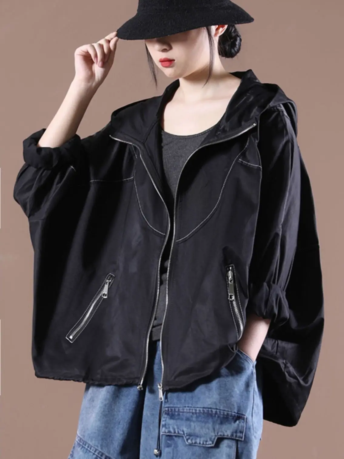 Korean Fashion Loose Zipper Pocket Hooded Short Jacket Women\'s 2023 New Autumn Oversized Long-sleeved Trench Coat Top