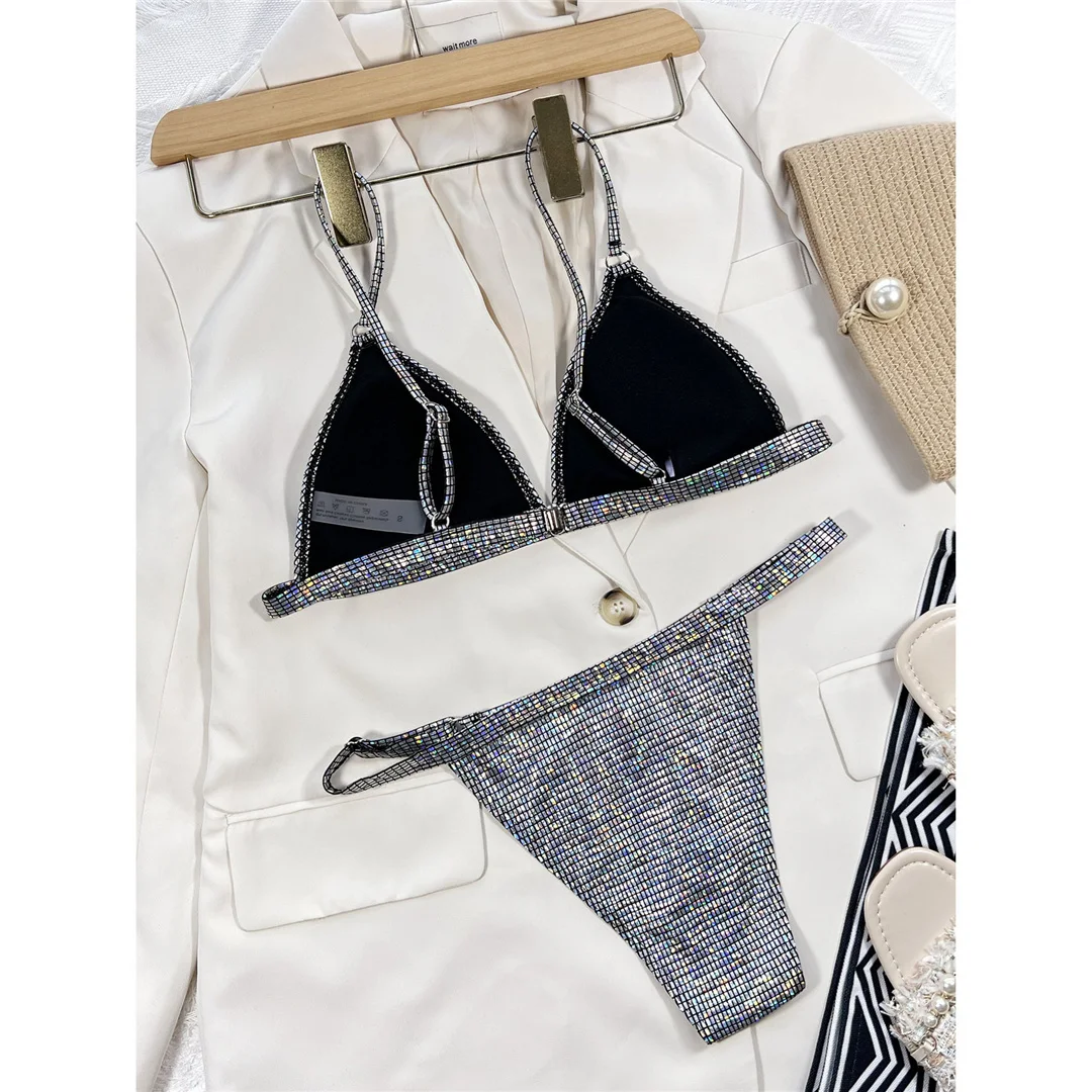 S - XL Sexy glänzender Bikini mit Pailletten und hohem Beinausschnitt, Damen-Badeanzug, zweiteiliges Bikini-Set, Badebekleidung, Badeanzug, Schwimmbekleidung V3862 – Detail 16