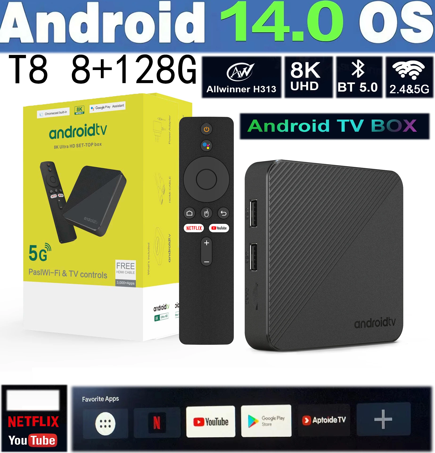 Android TV Box T8 Android 14 ثنائي النطاق WiFi 2.4G/5G 4GB RAM 64/128GB ROM Allwinner H313 8K 3D Google Voice Media Player TV Box