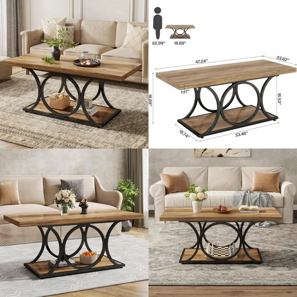 

Rustic 47.24-inch Two-Tier Farmhouse Wooden Coffee Table for Living Room