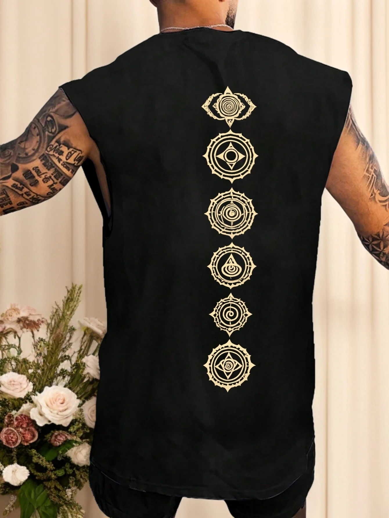 100% pure cotton summer men's fashionable casual loose geometric print fitness sports sleeveless vest