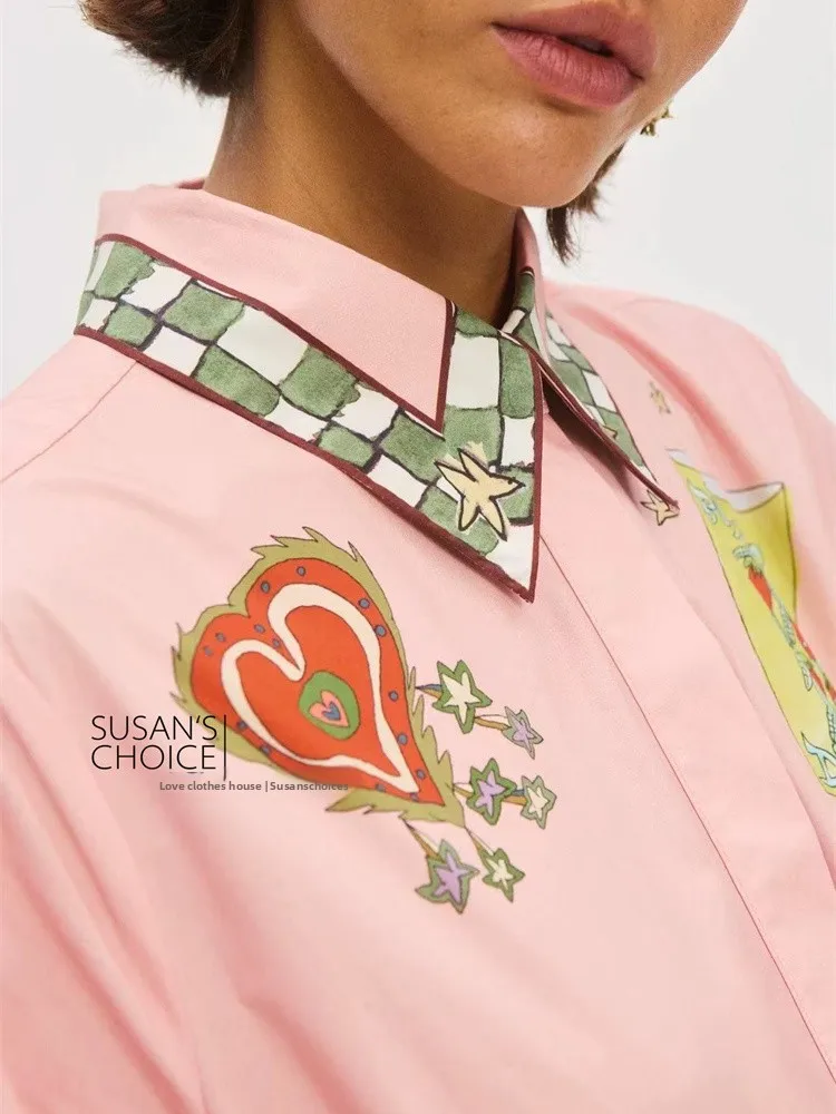 Susan Pure Cotton Long Sve Blumendruck mit Kragen Dr. Pink Casual Sle Australian Faion Holiday Dr Damen Dr