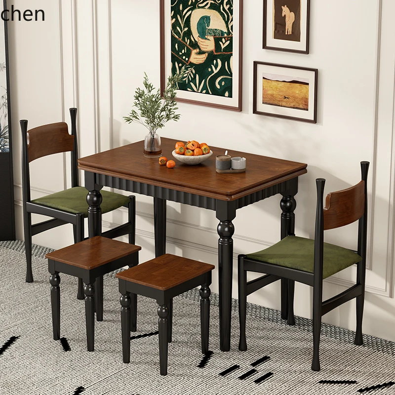 

HTT antique retro small apartment solid wood folding dining table and chair combination household simple and space-saving