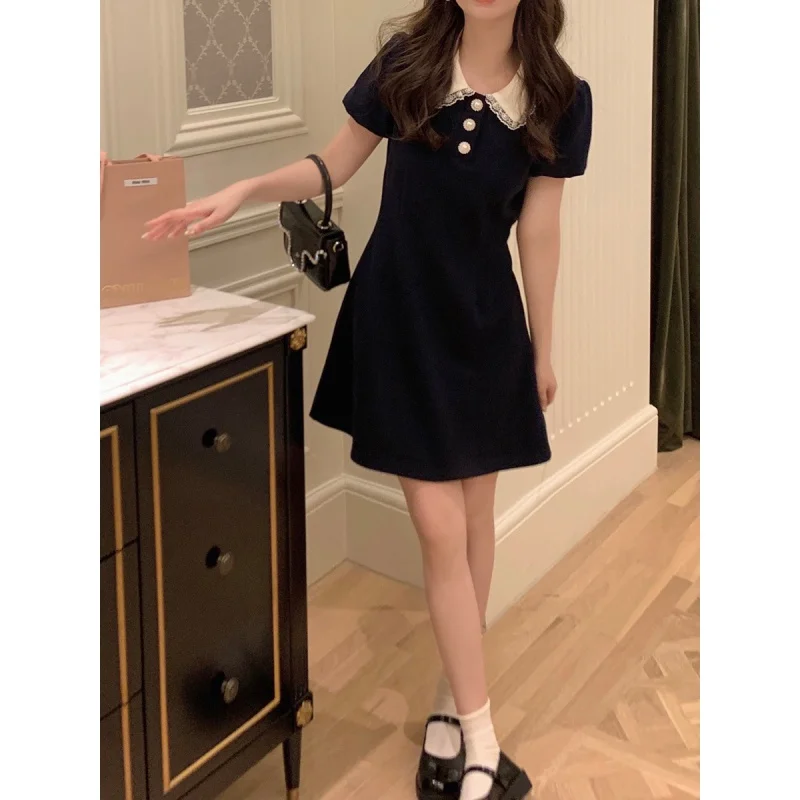 Korean Style Collar French Retro Dress Women's 2023 Summer New Design Sense Tight Waist Slimming A- line Skirt