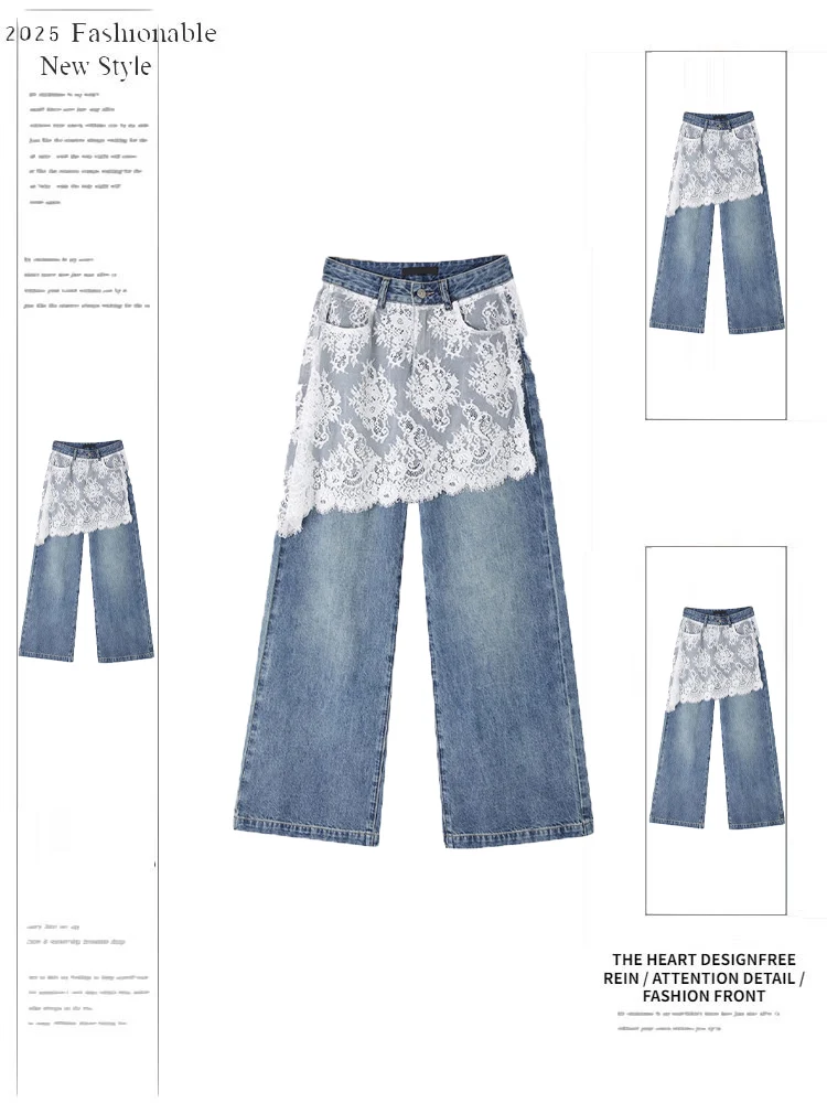 

Женские кружевные прямые джинсы, повседневные длинные брюки с высокой талией, дизайнерские чувственные универсальные весенне-летние новые марлевые джинсы