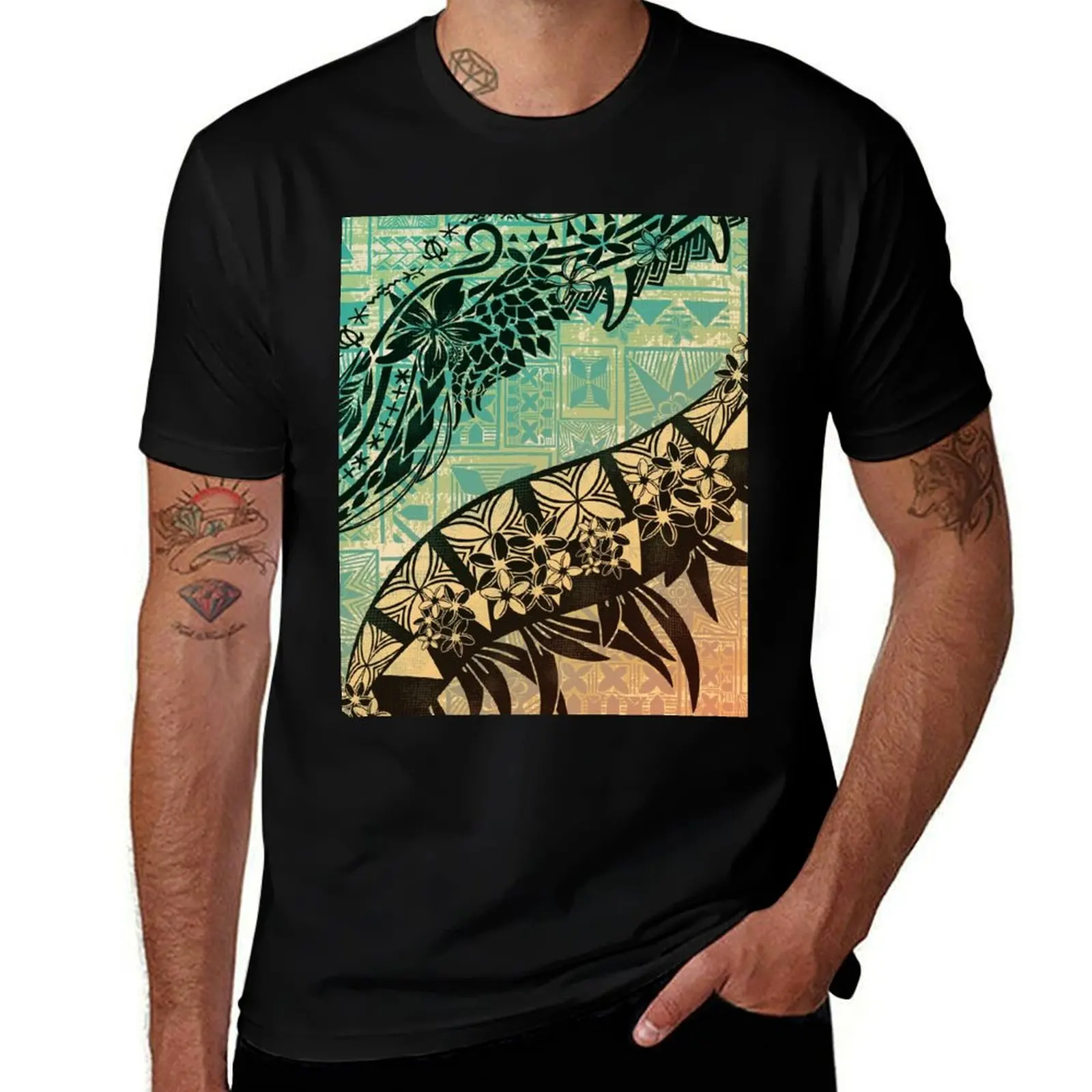 Vintage Samoan Old Teal Tapa Threads T-Shirt Christmas Casual Short Sleeve Top T-Shirt