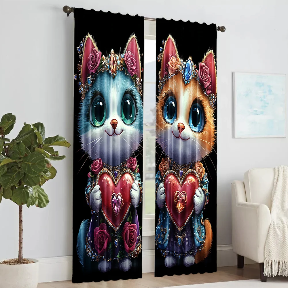 2 pcs, versatile polyester transparent curtains for home decoration Pretty Cat for use in bedrooms and living rooms