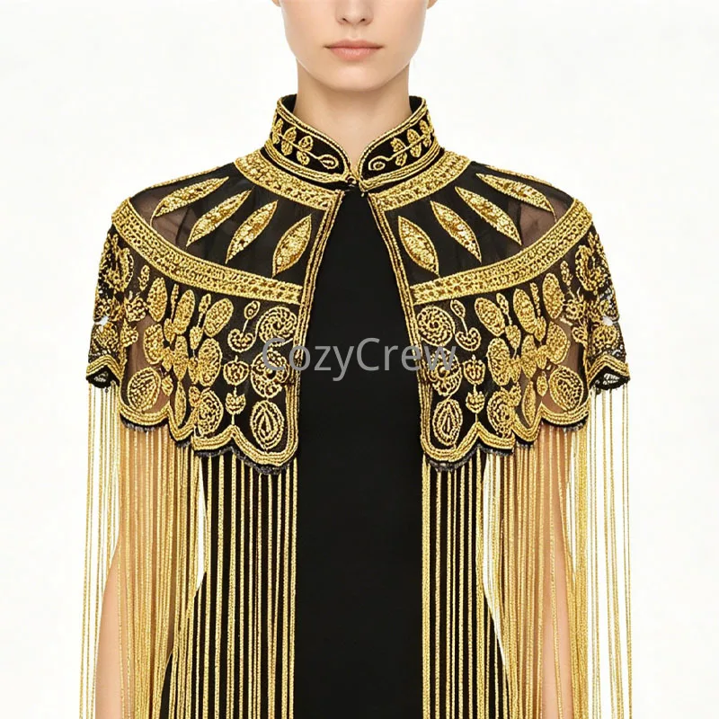 Luxury Sequins Handmade Bead Fringe Bolero Cape, Vintage European Style Evening Shawl Wrap for Wedding Banquet Prom Party