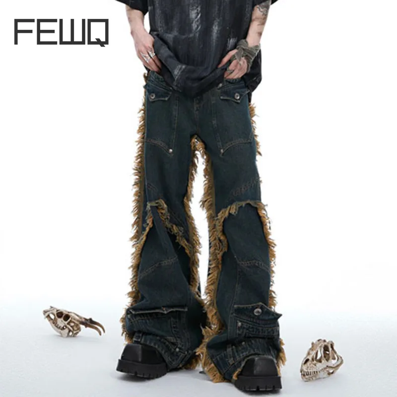 

FEWQ Distressed Denim Men Jeans Niche Rivet Design Casual Pants 2024 Vintage Pocket Design Male Trousers Casual 24E1291
