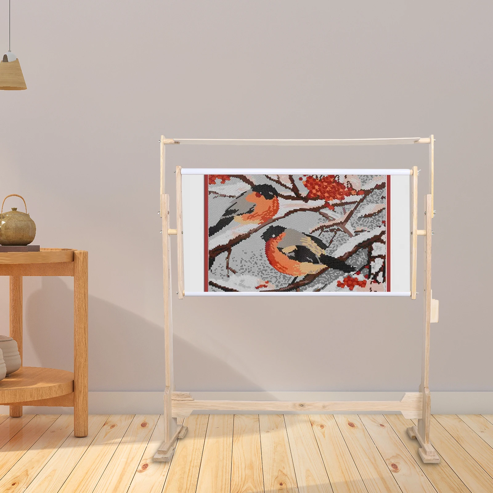 

Большая регулируемая подставка для вышивания, напольная подставка для вышивания из соснового дерева, которая может вращаться на 360° ° и имеет 5, регулируемые по высоте