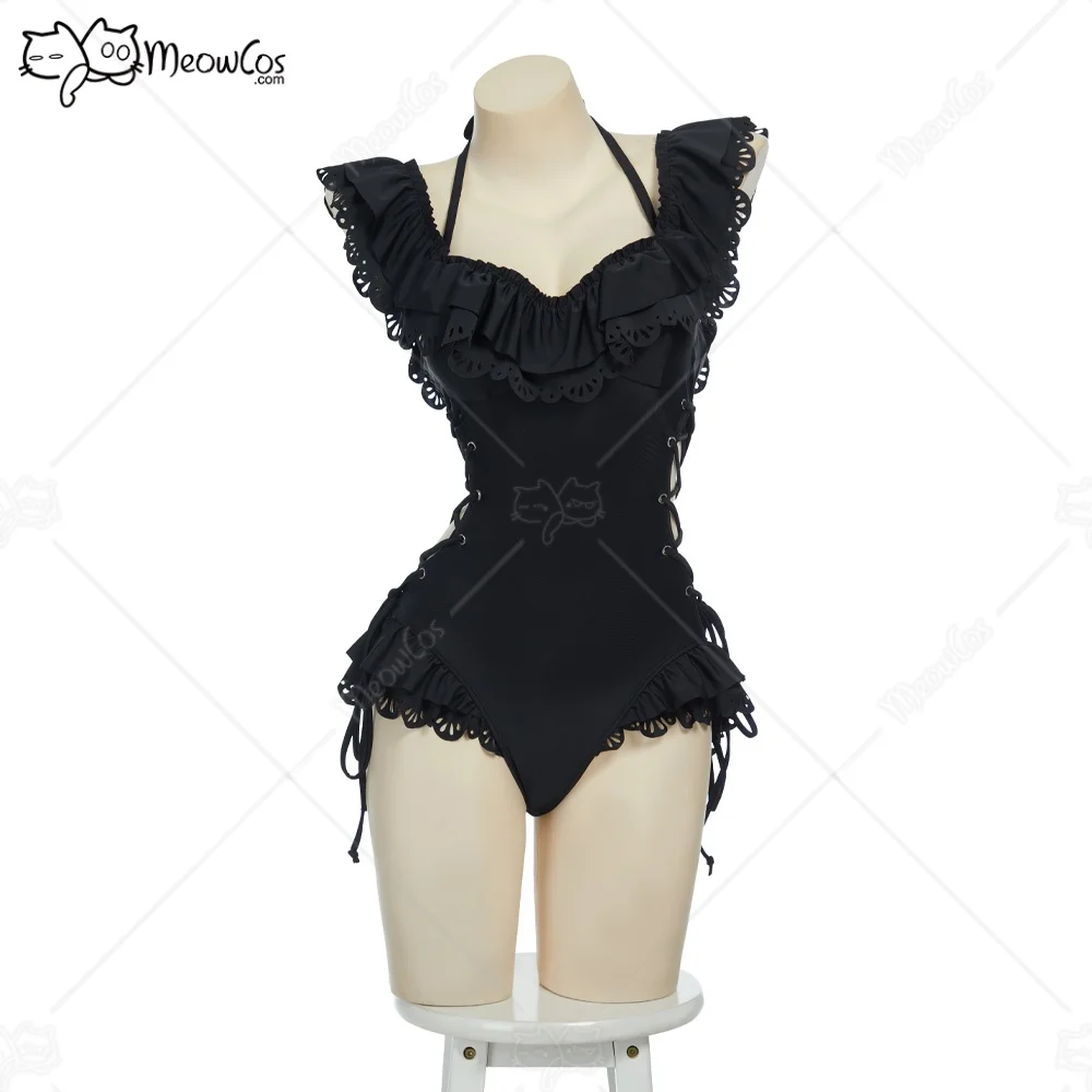 US Stock Meowcos Women's Timeless Abyss Gothic Black Victorian Swimwear Vintage Bathing Suit Cross Lace-up One Piece Swimsuit