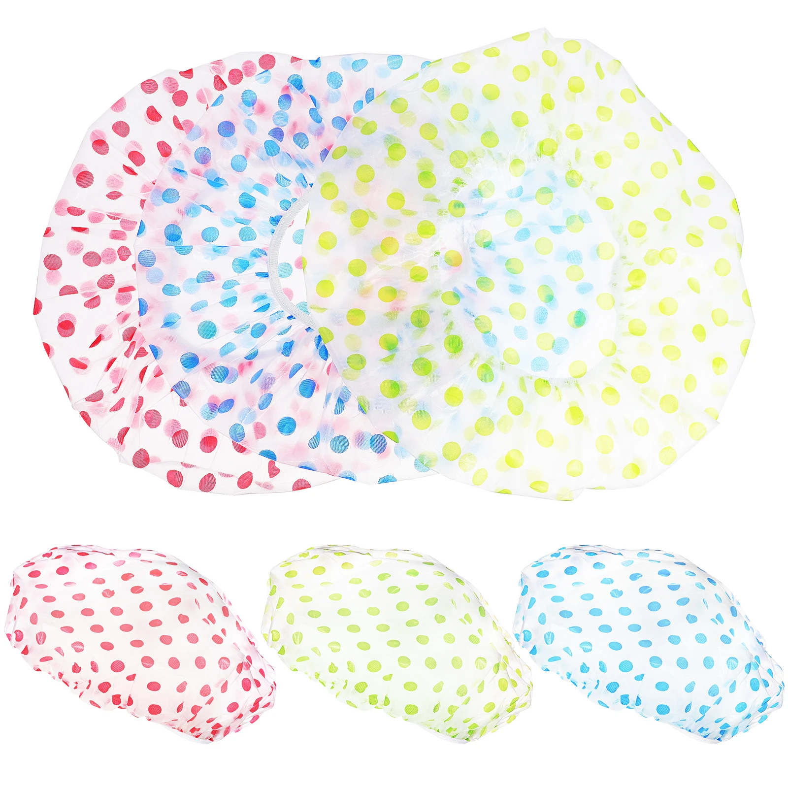 

6 pcs Dot Pattern Thickened PE Waterproof Shower Caps for Women Reusable Bathing Hair Hats Lightweight Foldable Travel Washable