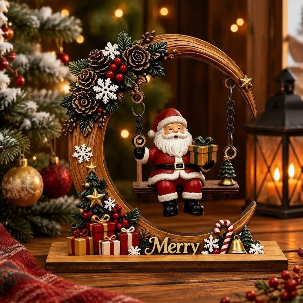 Wooden Christmas Ornaments Deer Flat Swing Santa Claus Decoration Home Decor Moon Shape Santa Claus Ornament Holiday