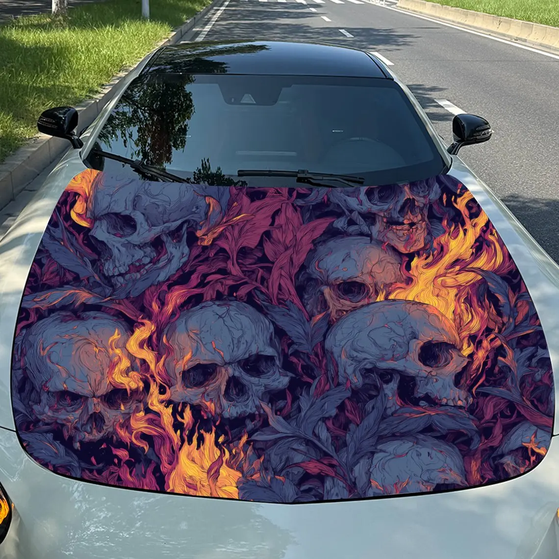

Car Decals Fiery Skulls Pattern Design, featuring skulls amidst blazing flames, exuding a fierce and striking aura Car Hood Stic