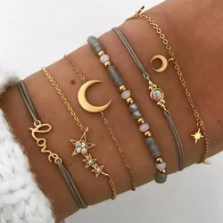Kirykle 6pcs/set Boho Beach Jewelry for Women Star Moon Personality Pendant Bracelet Beaded Grey Beaded Handwork Party Girl Gift