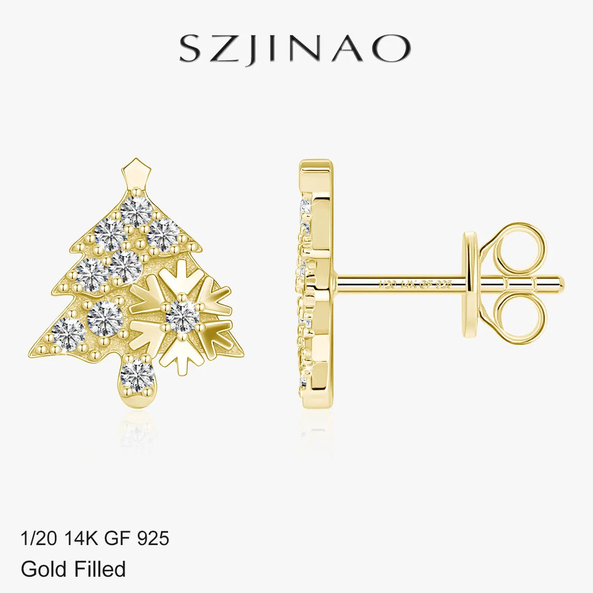 14k Gold Filled Christmas Tree Snowflake Moissanite Stud Earrings for Women D VVS1 Sparkling Festive Christmas Gift Fine Jewelry