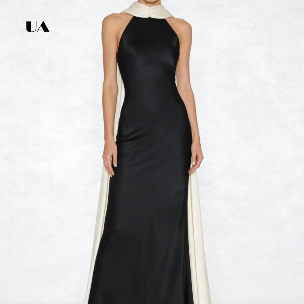 Sukienka balowa ULBYANRY, satynowa, prosta, z dekoltem typu halter, gładka, drapowana, bez rękawów, wieczorowa, dla kobiet, z odkrytymi plecami, szyta na miarę suknia na przyjęcie.