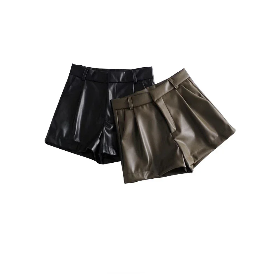 Women Chic Fashion Side Pockets Faux Leather Shorts Vintage High Waist Zipper Fly Female Short Pants Mujer