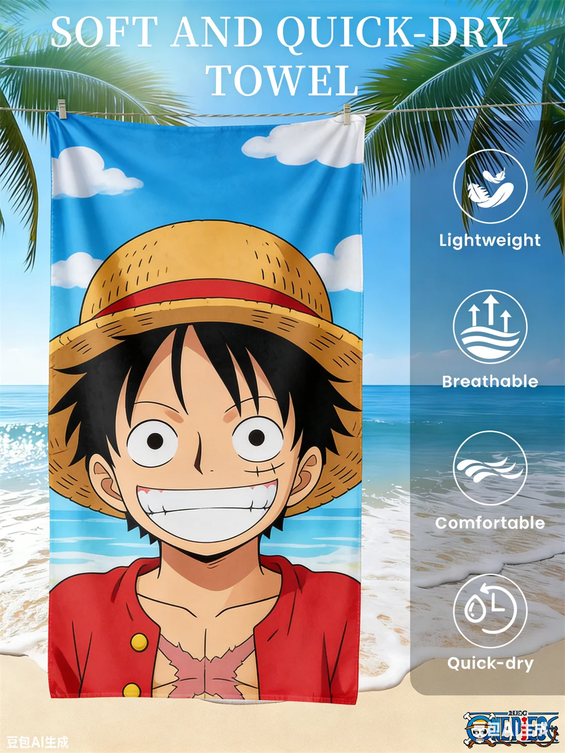 Lächelnder Strohhut-Luffy auf blauem Himmel am Meereshintergrund, schnell trocknendes, leichtes, bequemes Strandtuch für den Strand und den täglichen Gebrauch