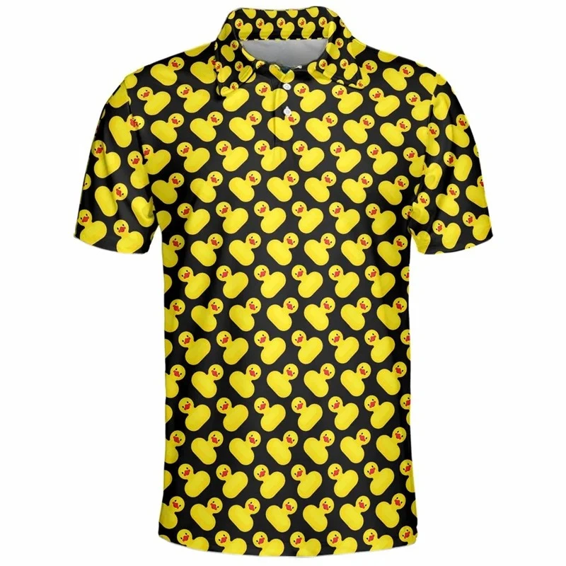Cute Yellow Duck Pattern Golf Polo Shirt Men 3d Printed Cartoon Tennis Shirt Summer Street Loose Short Sleeve Tops Button Tees