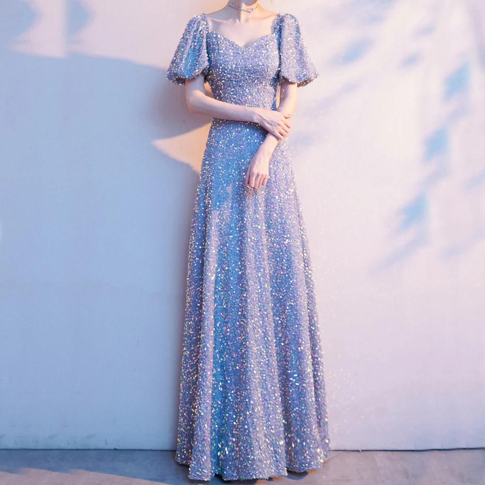 

Long Evening Dresses Short Puff Sleeves Shinny Sequins Prom Dress Elegant Formal Dresses Party Gowns Custom Made Women Elegant