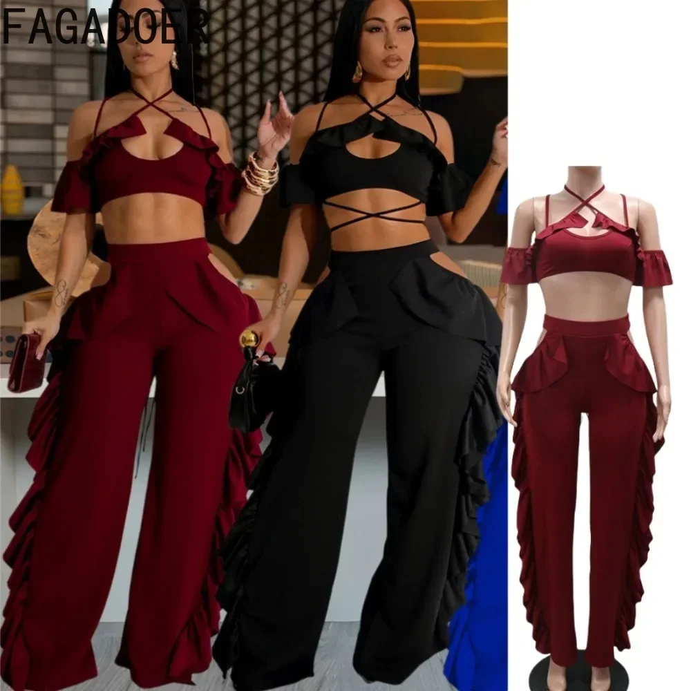 

FAGADOER Sexy Ruffles 2 Piece Set Outfit Spaghetti Strap Bandage Patchwork Crop Top + High Waist Pants Suits Hot Girl Clubwear