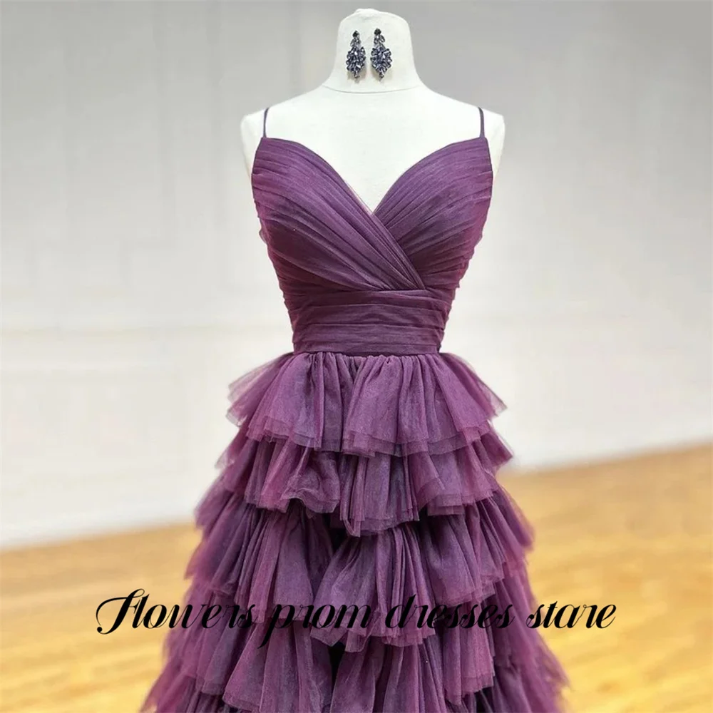 Robes de soirée violet prune à fleurs, dos croisé, robe de nuit multicouche, robe de bal en Tulle personnalisée