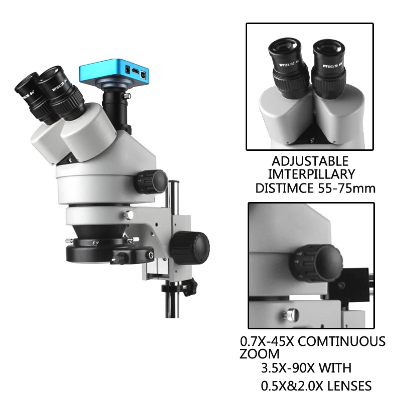 Simul-Focal 7X-45X Continuous Zoom Stereo Trinocular Microscope Barlow Lens For Phone Lab PCB Watch Jewelry Repair Soldering