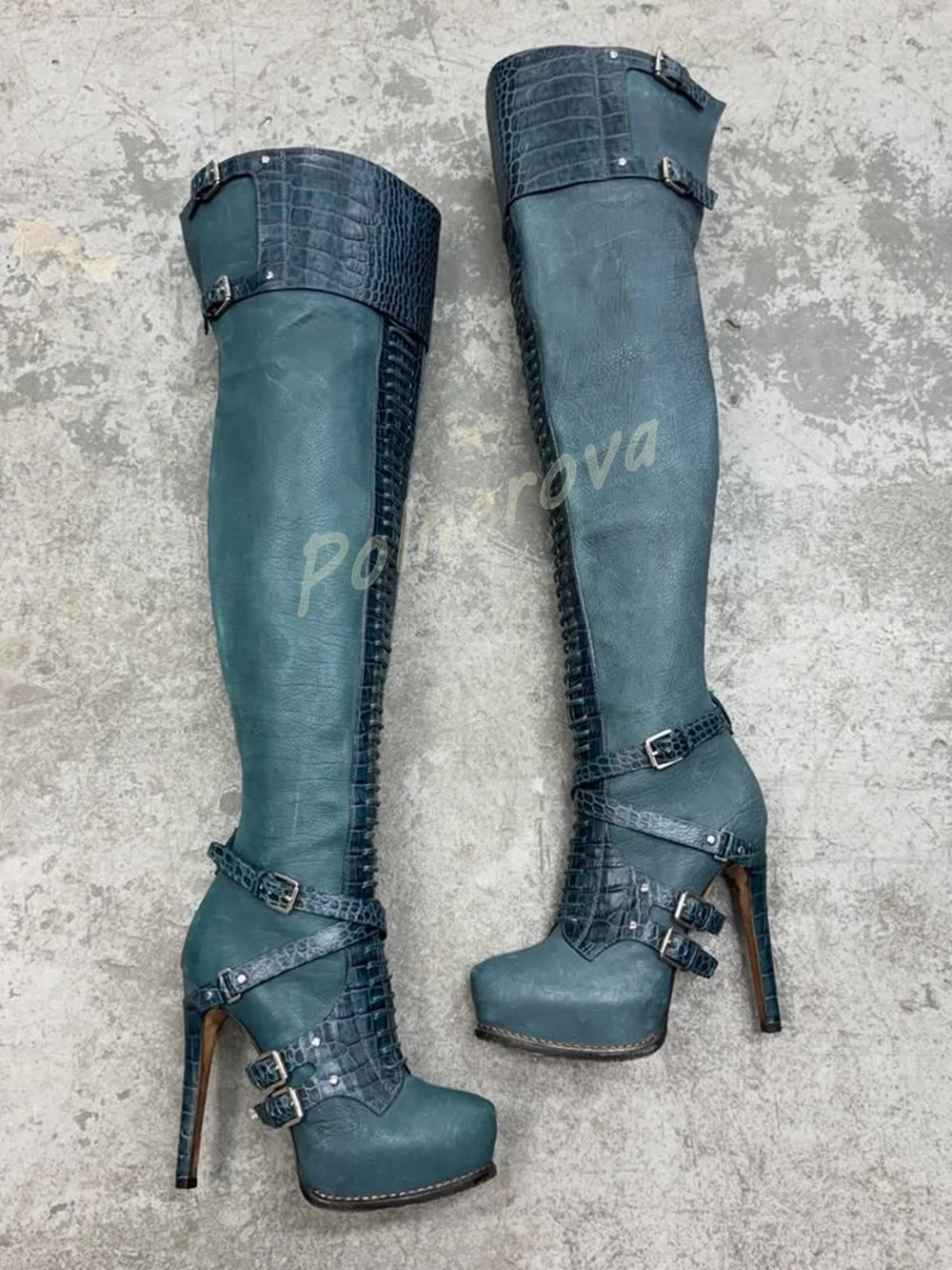 C﻿roc-Pattern Patchwork Boots High Heel Multi Buckle Strap Platform Stiletto Heel Over The Knee Boots Women Runway Show Shoes