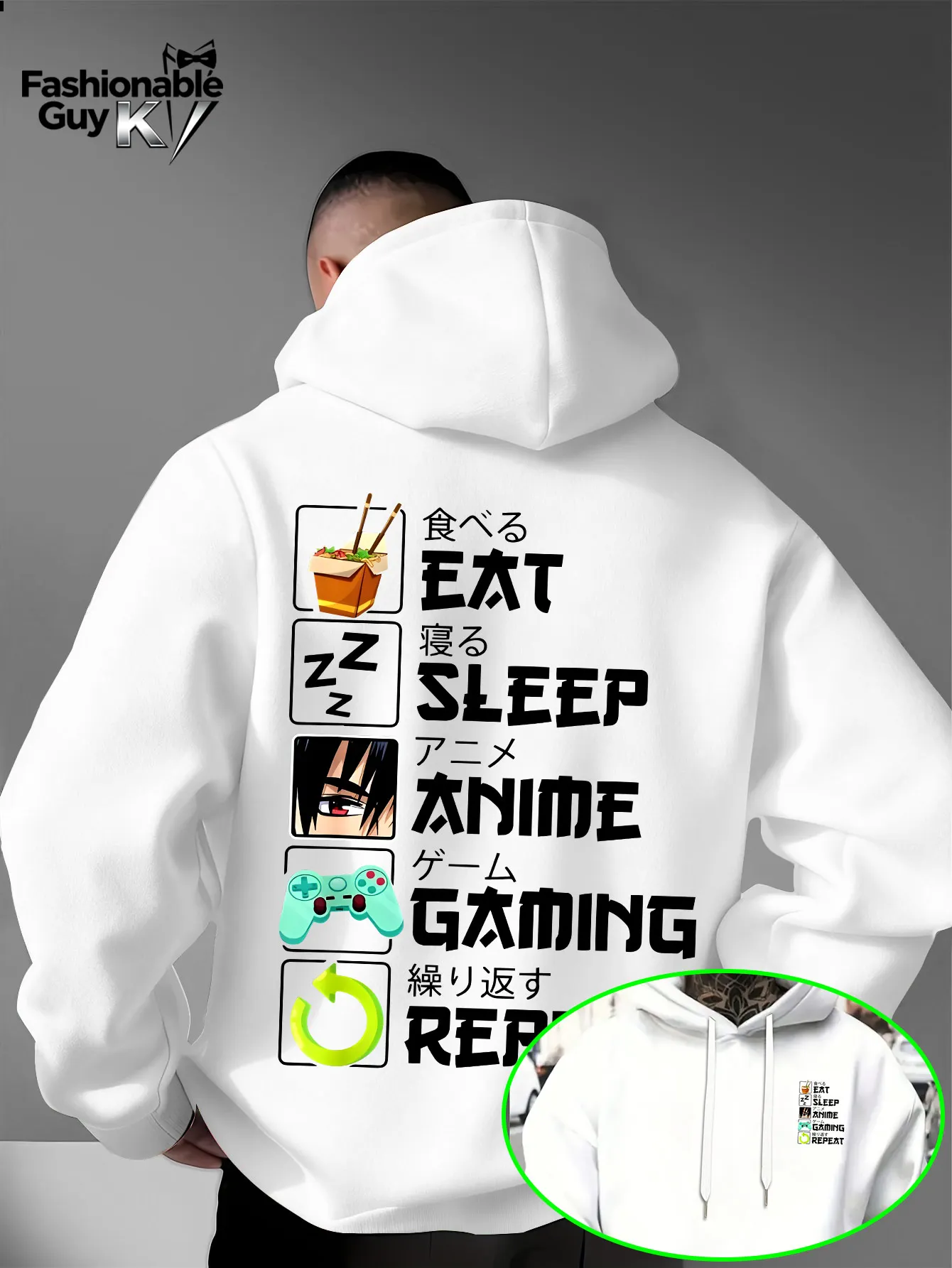 Casual-interesting men's hooded sweatshirt with game controller anime-style icon print, loose and comfortable for leisure.