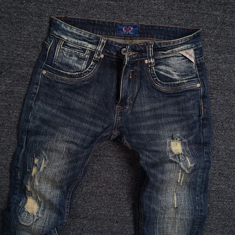 Street Fashion Men Jeans High Quality Retro Black Blue Stretch Slim Fit Ripped Jeans Men Embroidery Designer Vintage Denim Pants