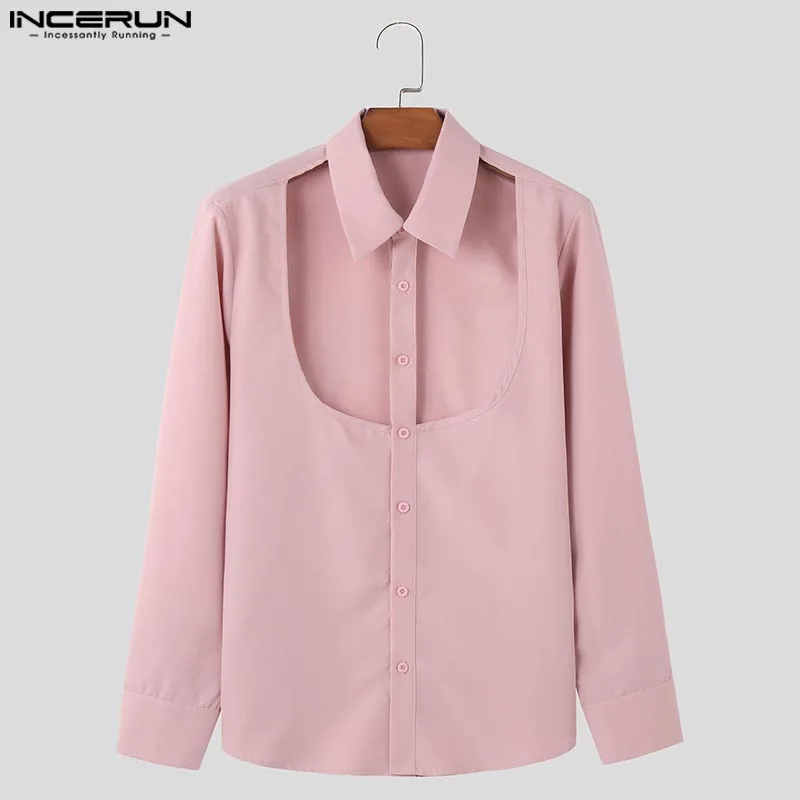 INCERUN Men Shirt Solid Lapel Long Sleeve Hollow Out Button Casual Men Clothing Streetwear 2024 Personality Sexy Fashion Camisas